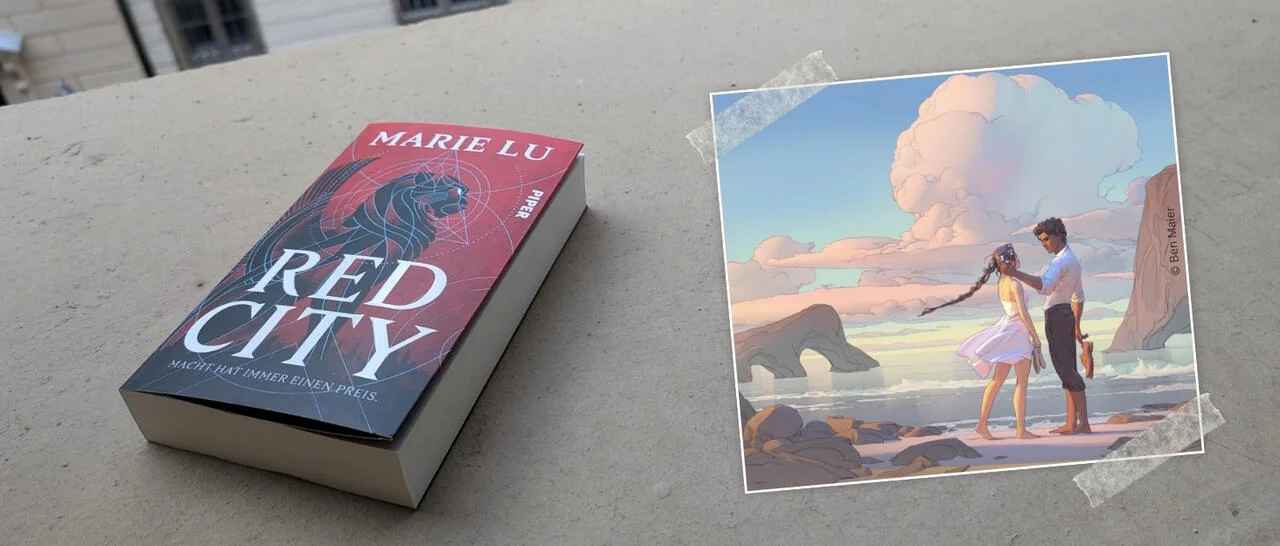 5 × je ein Exemplare von „Red City“ mit exklusivem Farbschnitt zusammen mit einem roten Notizbuch (Notizbuch Not White L Light von nuuna)