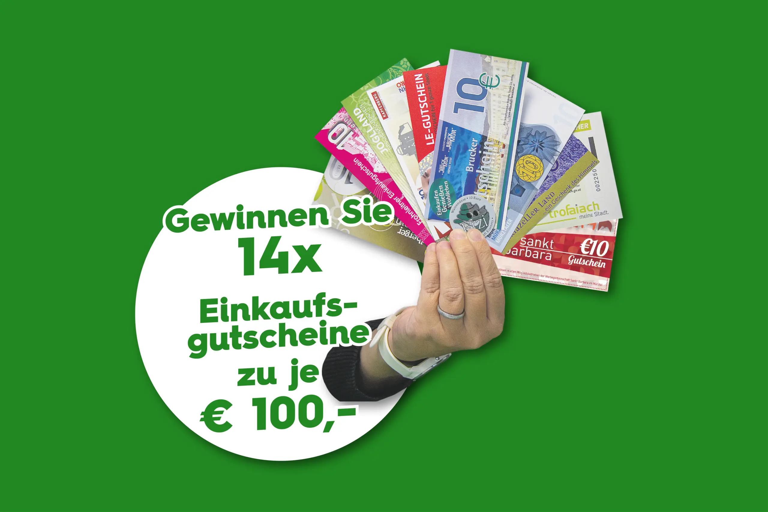 14 × 100 Euro in Form von Einkaufsgutscheinen von elf Gemeinden in der Region: Birkfeld, Bruck an der Mur, Eisenerz, Frohnleiten, Kapfenberg, Kindberg, Leoben, Mariazell, Mürzzuschlag, St
